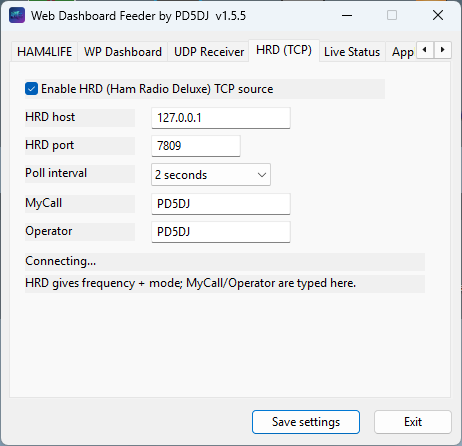 Feeder — HRD (TCP) tab
