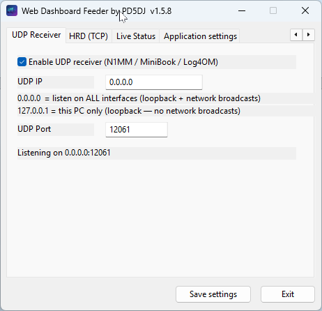 Feeder — UDP Receiver tab