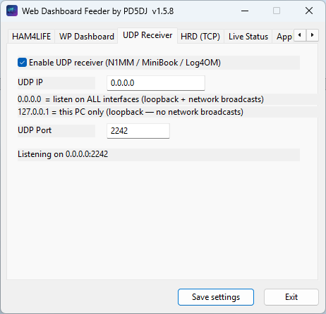 Feeder — UDP Receiver tab on port 2242