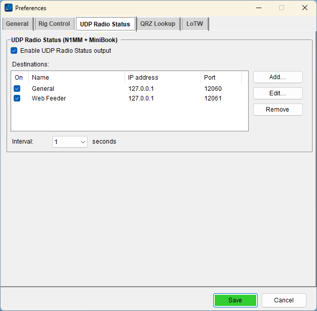 MiniBook UDP Radio Status settings