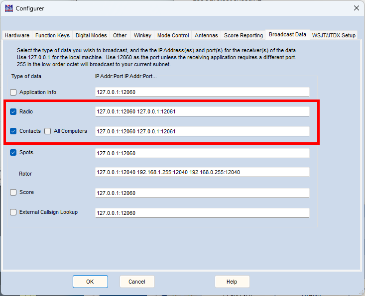 N1MM Logger+ UDP broadcast settings